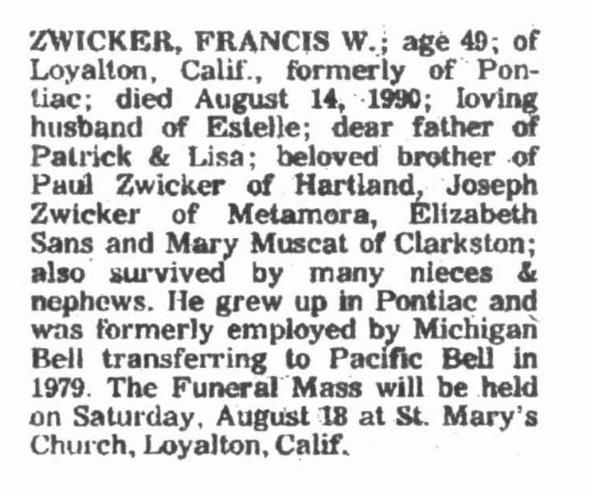 Obituary image for Zwicker, Francis W