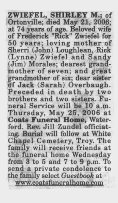 Obituary image for Zwiefel, Shirley
